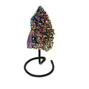 Rainbow Aura Amethyst Cluster On metal Stand