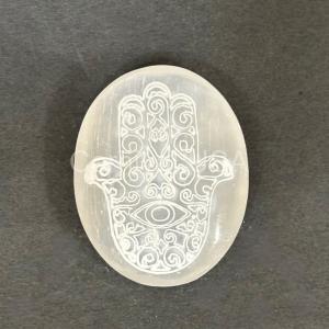 Selenite Pillow shape w/engraved protective Hand.